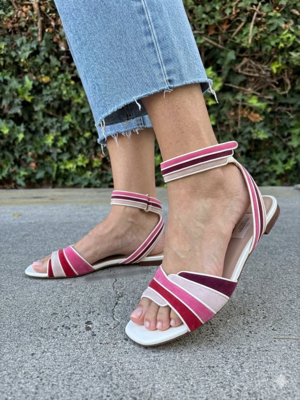 Valentino striped leather and suede flat sandals size 38
